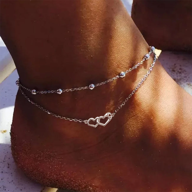 Double Layered chain 925 Sterling Silver Double Heart Anklet for Girls Women Summer Beach Ankle Bracelet Dainty Jewellery