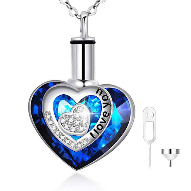 Heart Urn Necklace for Ashes with Crystal I Love You In 925 Silver Cremation Jewelry