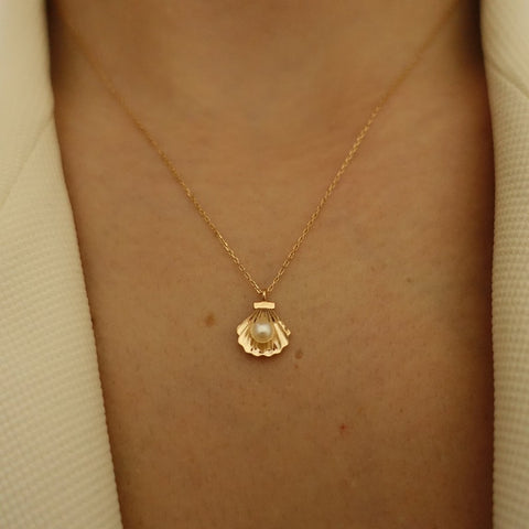14K Gold Pearl in SeaShell Pendant Cockle Shell Necklace Pearl in Oyster Clam Oceanic Nautical Charm Pendant Gold Chain Necklace