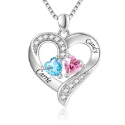 925 Sterling Silver Personalized 2 Heart Simulated Birthstone Engraved Names Necklace for Women Mother Pendant Jewelry