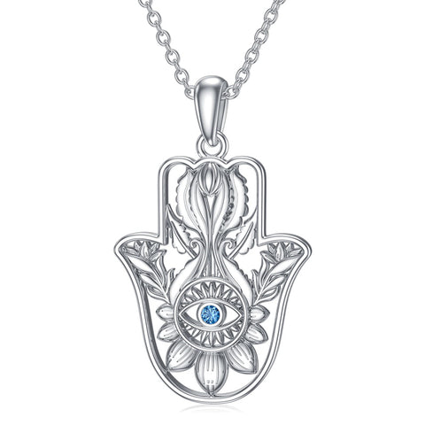 Sterling Silver Hamsa Fatim Blue Eye Pendant  Necklace