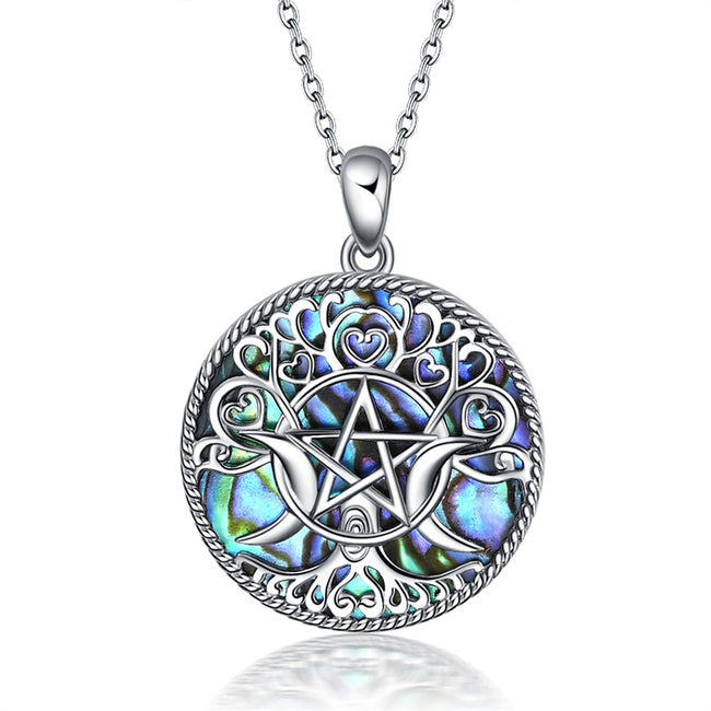Triple Moon Goddess Necklace Sterling Silver Pentagram Pentacle Opal Pendant necklace Pagan Wiccan Magic Amulet Tree of Life Jewelry for Women Men 18"