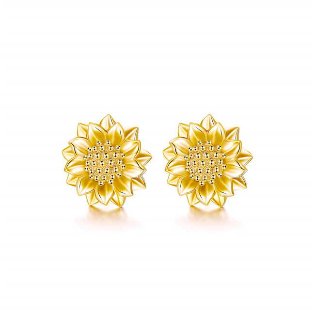14K Solid Yellow Gold Sunflower Stud Earrings With Push Backs, You are My Sunshine Gold Studs Jewelry Gift for Women, Girls