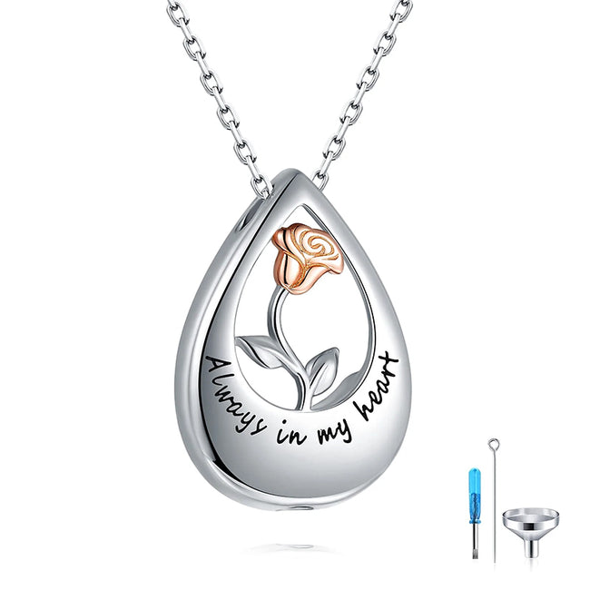 925 Sterling Silver Rose Infinity Teardrop Urn Necklace with Cubic Zirconia Pet Human Ashes