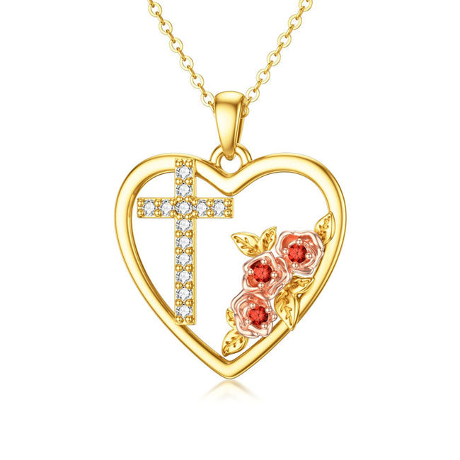 Solid 14K Gold Heart Flower Necklace for Women Real Gold Heart Shape Pendant with Cubic Zirconia Jewelry Gift for Mom