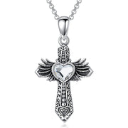 Cremation Jewelry for Women/Men 925 Sterling Silver Wings Cross Urn Necklaces for Ashes with Heart Crystal Oxidized Necklace
