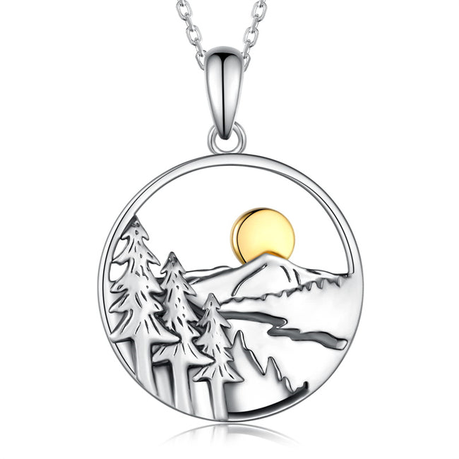 Mountain Necklace Sterling Silver Mountain Sun Pendant Necklace Nature Jewelry Gift for Skiers Hikers Nature Lovers