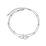 Double Layered chain 925 Sterling Silver Double Heart Anklet for Girls Women Summer Beach Ankle Bracelet Dainty Jewellery