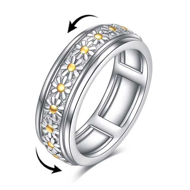 Sterling Silver Daisy/Sunflower Anxiety Spinner Rings Rotatable Mood Rings for Women Relieve Stress Gift