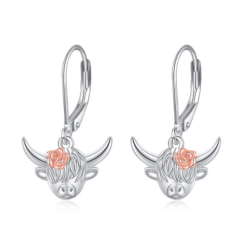 Sterling Silver Highland Cow Leverback  Earrings