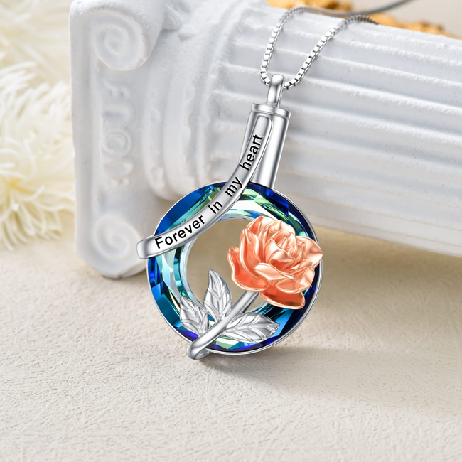 Rose Urn Necklaces for Ashes 925 Sterling Silver Rose Flower Cremation Jewelry with Crystal Memorial Keepsake w/Funnel Filler for Women Girls