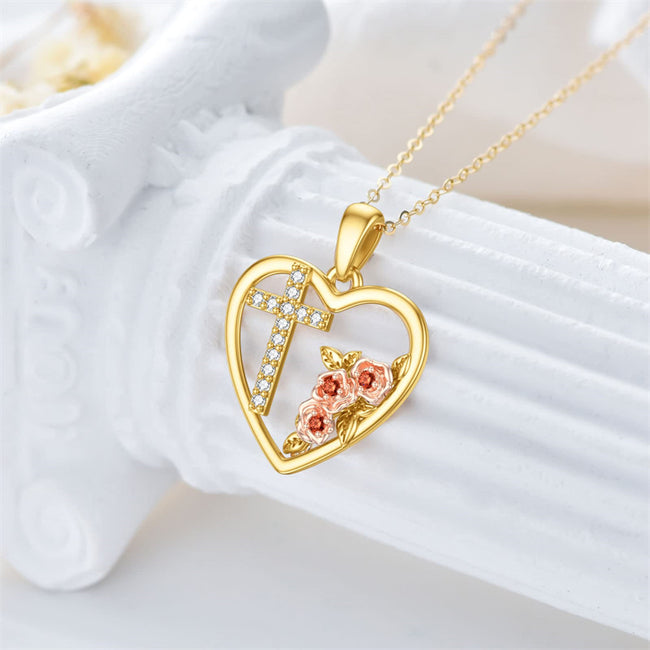 Solid 14K Gold Heart Flower Necklace for Women Real Gold Heart Shape Pendant with Cubic Zirconia Jewelry Gift for Mom