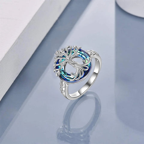 Tree of Life Ring s925 Sterling Silver with Blue Circle Crystal Jewelry Gift for Women Girls Mom Wife Birthday Mother's Day
