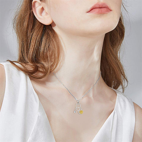 925 Sterling Silver Stethoscope Necklace with Sunflower Birthstone Necklace for Women Medical Doctor Nurse Jewelry Gift