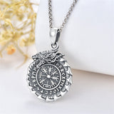 Serling Silver Vegvisir PendantViking DragonViking Runes Compass Necklace Protection Amulet Necklace for Men