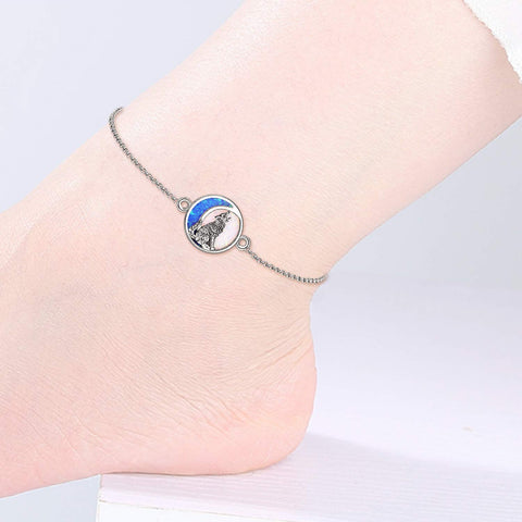 Wolf Anklet Animal Anklet for Women Girls Beach Themed Gifts Sterling Silver Beach Foot Jewelry Wolf Opal Moon Anklet
