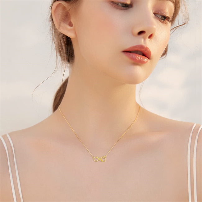 14K Yellow Gold Infinity Feather Necklace for Women, Infinity Love Heart Pendant Necklace for Anniversary Valentine's Day Gift