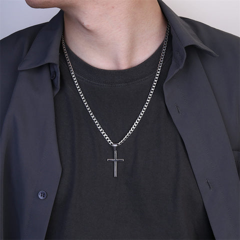 Sterling Silver Cross Necklace Beveled Edge for Men Women With Stainless Steel Cuban Link Necklace