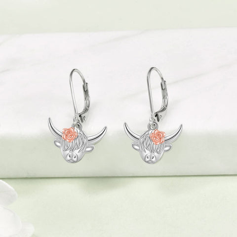 Sterling Silver Highland Cow Leverback  Earrings