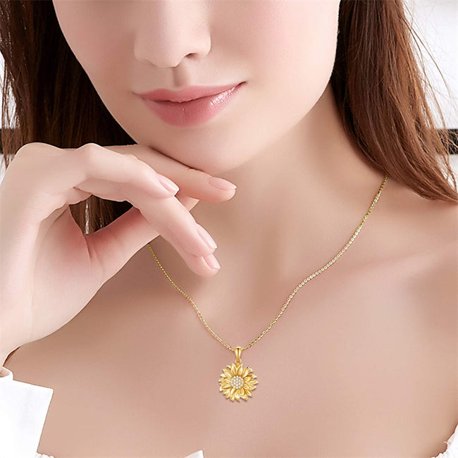 Solid 14K Sunflower Pendant Necklace, Real Gold Flower Necklace  You are May Sunshine Necklace Fine Jewelry Gifts for Wife, Mom,Girlfriend, 16''-18''