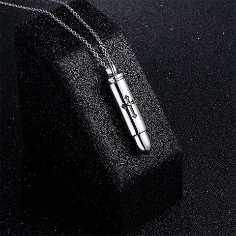 Sterling Silver Bar Bullet Cross Urn Necklace for Ashes