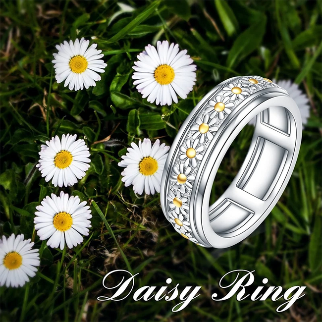 Sterling Silver Daisy/Sunflower Anxiety Spinner Rings Rotatable Mood Rings for Women Relieve Stress Gift