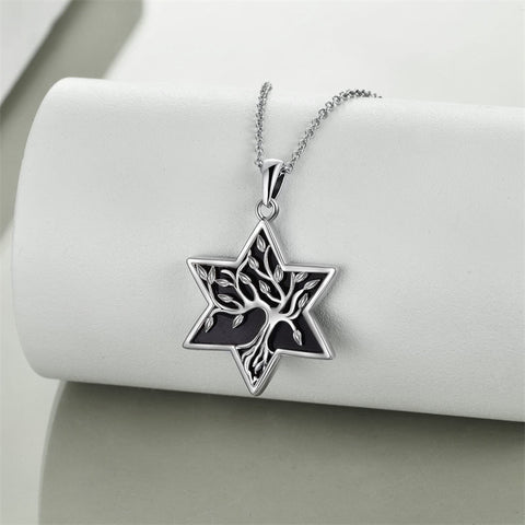 Sterling Silver Black Onyx Abalone Shell Celtic Knot Tree of Life Pendant Necklace
