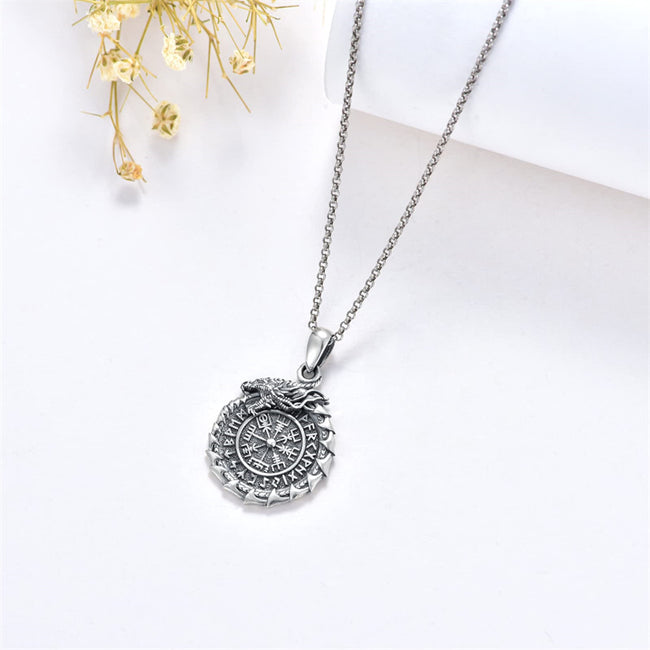 Serling Silver Vegvisir PendantViking DragonViking Runes Compass Necklace Protection Amulet Necklace for Men