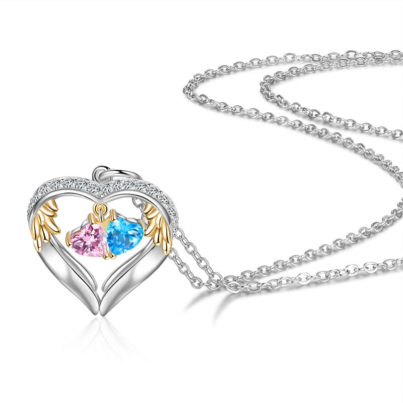 925 Sterling Silver Heart Necklace with 2 Birthstones Custom Engrave Name Pendant