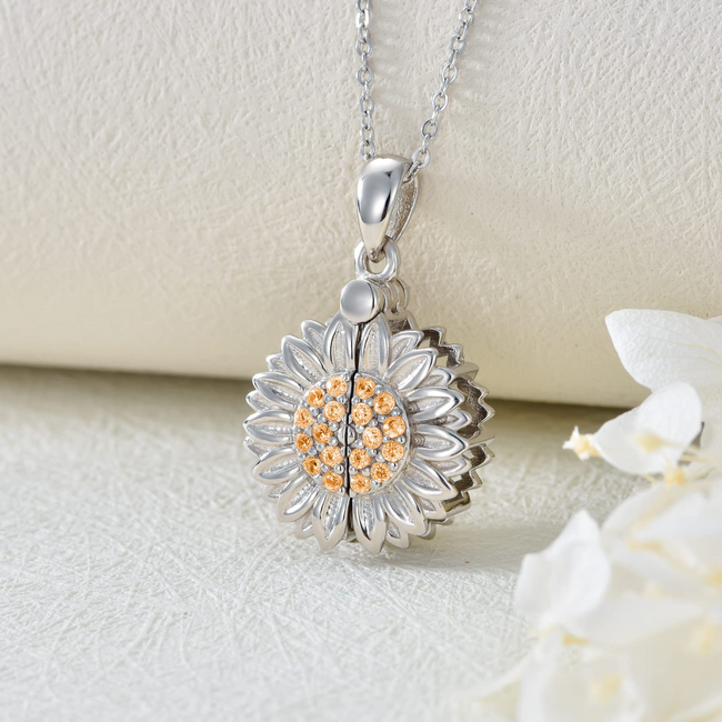 Sterling Silver Sunflower Necklace Jewelry For Women Locket with Engraved Message Valentine's Day Gift For Her