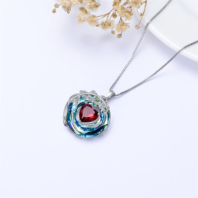 Birth Month Flower Necklace 925 Sterling Silver Flower Pendant Necklace with Blue Circle Crystal Birthday Jewelry