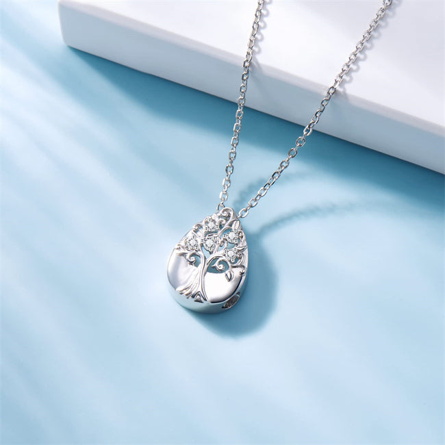 Tree of Life Teardrop Urn Necklace for Ashes Sterling Silver Family Tree Keepsake Cremation Pendant Memorial Jewelry for Women