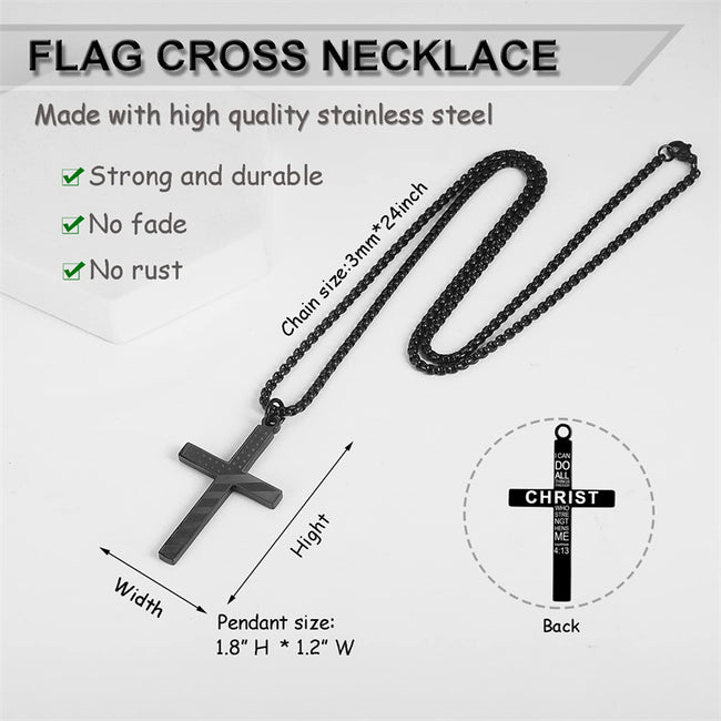 American Flag Cross Necklace for Men Patriotic Jewelry Stainless Steel Chain Religious Gift for Dad Boys