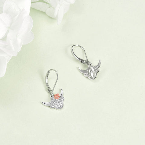 Sterling Silver Highland Cow Leverback  Earrings
