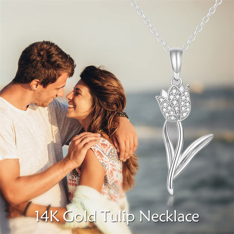 Solid 14K Real Gold Tulip Necklace for Women, Gold Tulip Flower Pendant Necklace Fine Jewelry Birthday Christmas Gifts for Her, 16+2 Inch