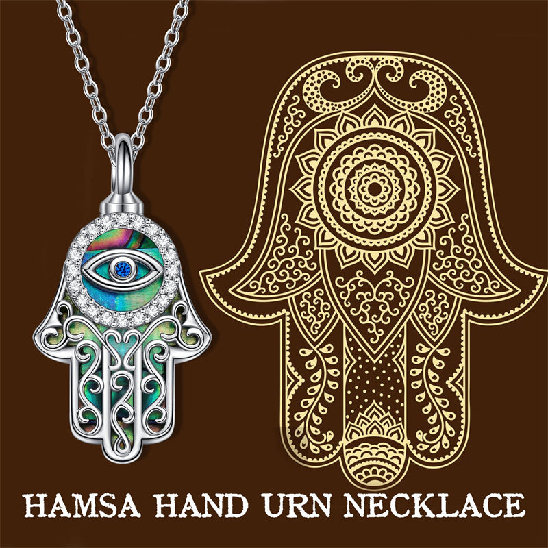 Evil Eye Hamsa Hand Urn Necklace for Women Sterling Silver Abalone Shell Protection Memory Jewelry Gift