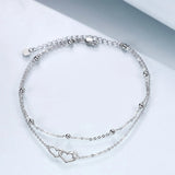 Double Layered chain 925 Sterling Silver Double Heart Anklet for Girls Women Summer Beach Ankle Bracelet Dainty Jewellery