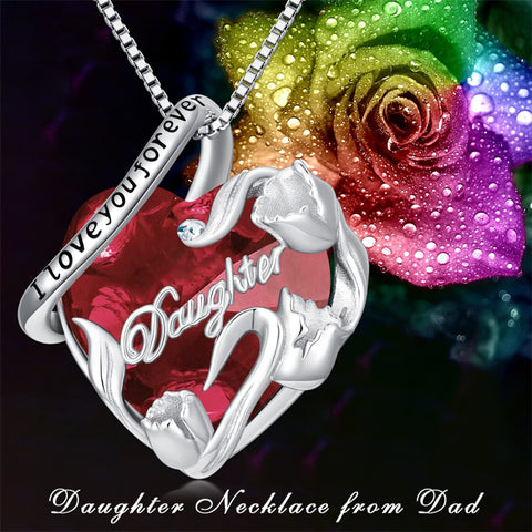 S925 Sterling Silver Birthstone Daughter Heart Pendant Necklace from Dad Mom I Love You Forever Jewelry