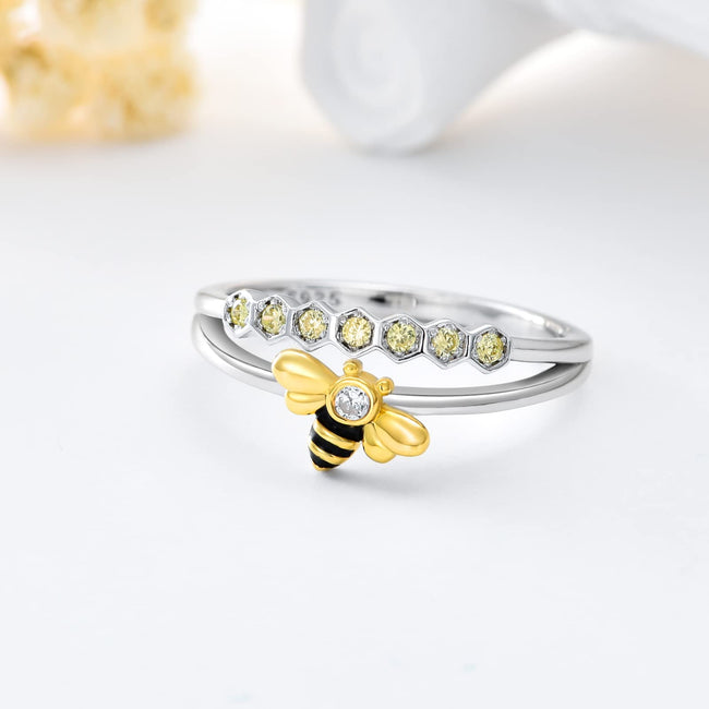 Bee Ring Sterling Silver Bee Band Ring with Cubic Zirconia Promise Ring Gift for Women Girl