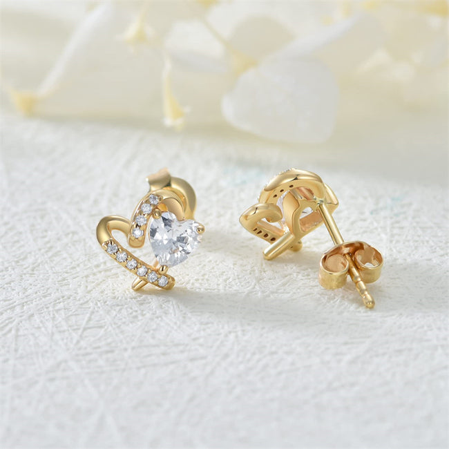 14K Gold Heart Stud Earrings, 14K Real Gold Stud Earrings with Cubic Zirconia, Solid Gold Elegant Earrings for Mother Wife Women Girls Yourself
