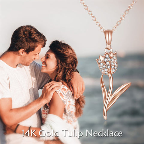 Solid 14K Real Gold Tulip Necklace for Women, Gold Tulip Flower Pendant Necklace Fine Jewelry Birthday Christmas Gifts for Her, 16+2 Inch