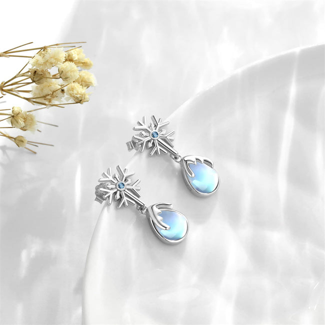 925 Sterling Silver Moonstone Dangle Earrings Hypoallergenic Snow Flower Earring Winter Jewelry Gifts for Women