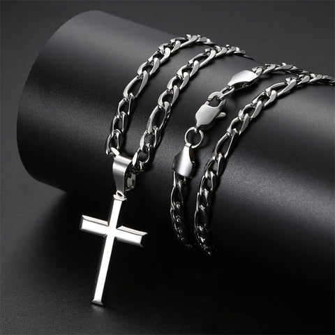 925 Sterling Silver Cross Pendant Necklace for Men Women 5mm Stainless Steel Diamond-Cut Durable Figaro Chain Necklace