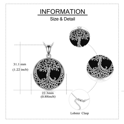 Sterling Silver Black Onyx Abalone Shell Tree of Life Celtic Knot Pendant Necklace