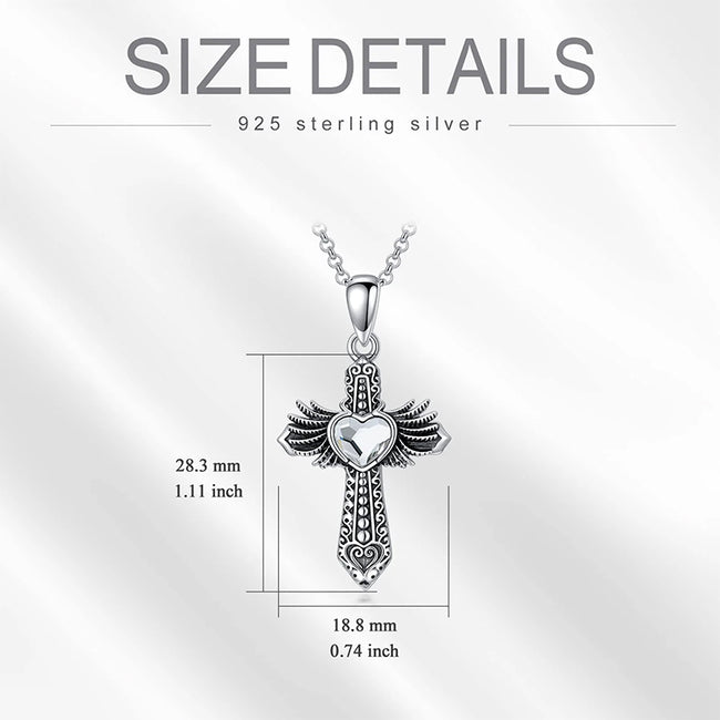 Cremation Jewelry for Ashes for Women/Men 925 Sterling Silver Wings Cross Urn Necklaces for Ashes with Heart Crystal Oxidized Ash Holder Necklace