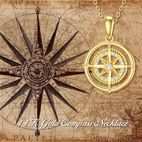 14K Gold Compass Pendant Necklace