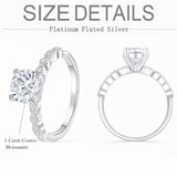 1-1/5 Carat (ctw) Classic Round Engagement Rings for Women Platinum Plated Silver, Moissanite Engagement Rings Wedding Anniversary Rings