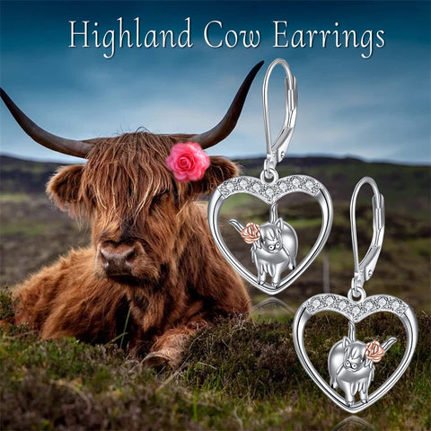 Sterling Silver Highland Cow Leverback  Earrings