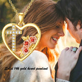 Solid 14K Gold Heart Flower Necklace for Women Real Gold Heart Shape Pendant with Cubic Zirconia Jewelry Gift for Mom