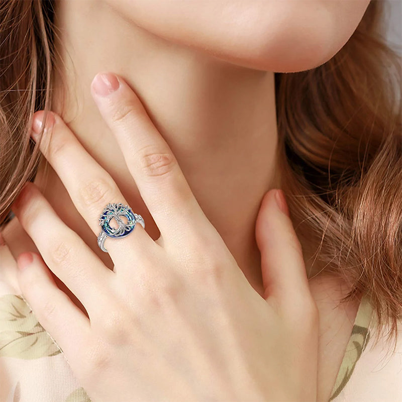 Tree of Life Ring s925 Sterling Silver with Blue Circle Crystal Jewelry Gift for Women Girls Mom Wife Birthday Mother's Day